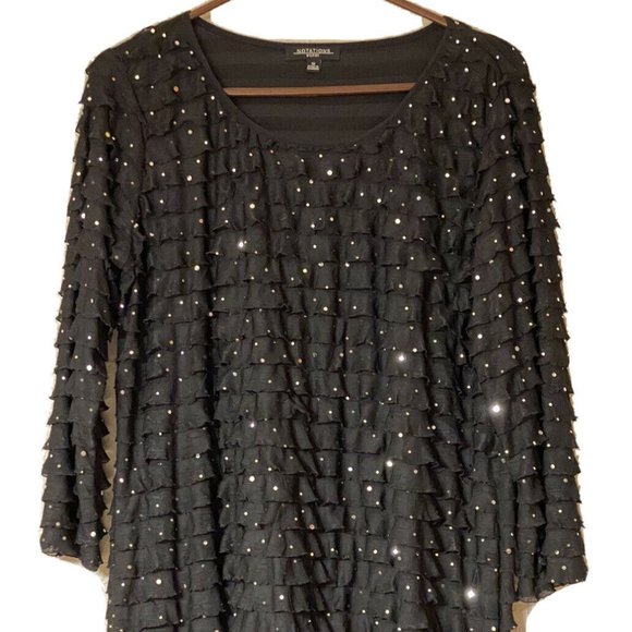 NWT. Notations brand, Black, Sparkly Sequins Top 3/4 sleeves and Ruffles - Picture 1 of 9